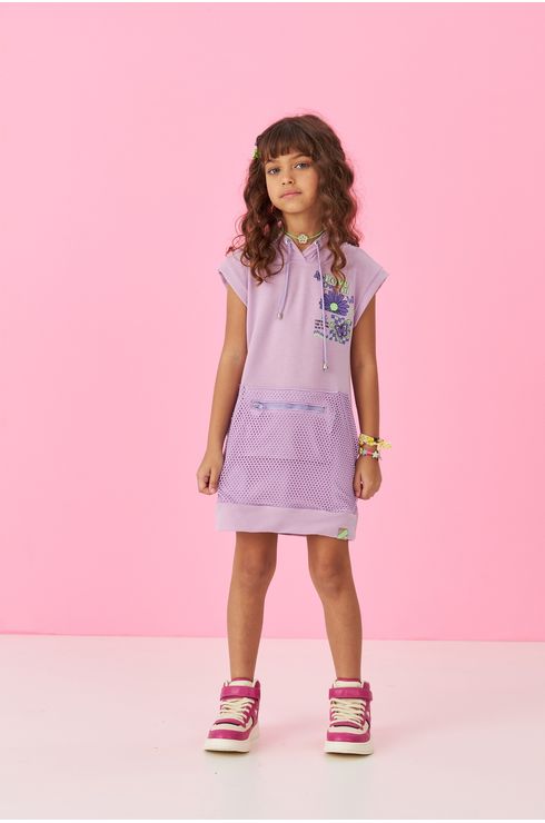 Vestido Manga Curta Liso Com Bolso Canguru
