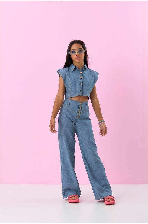 Calça Wide Leg Sem Cós Cintura Alta Com Pala Frente E Costas