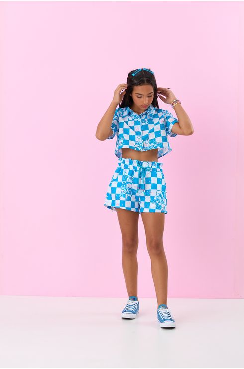 Camisa Cropped Ampla Estampada Com Pala Nas Costas