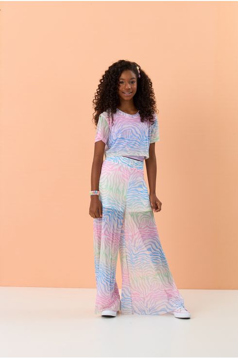 Calça Em Tule Estampado Com Forro Shorts