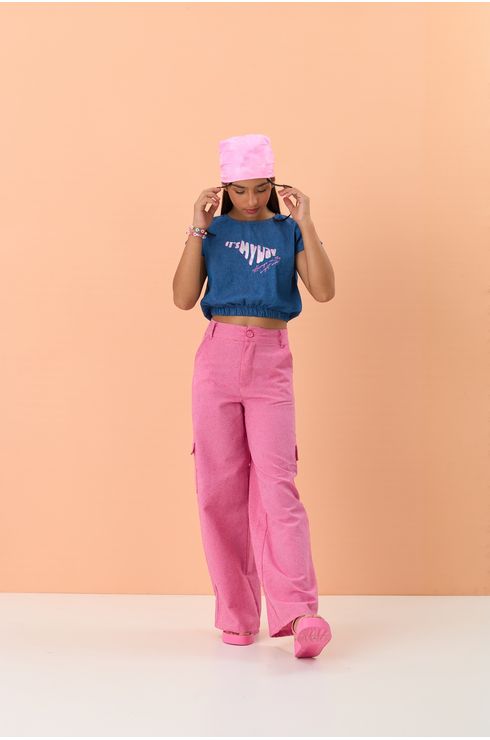Blusa Crooped Jeans Com Estampa Frente