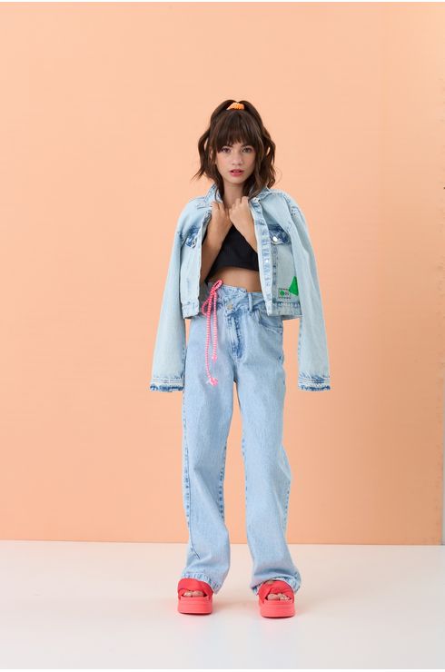 Jaqueta Jeans Com Estampa Frente E Costas