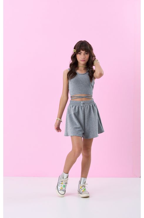 Shorts Em Malha Lurex Com Cos De Elastico