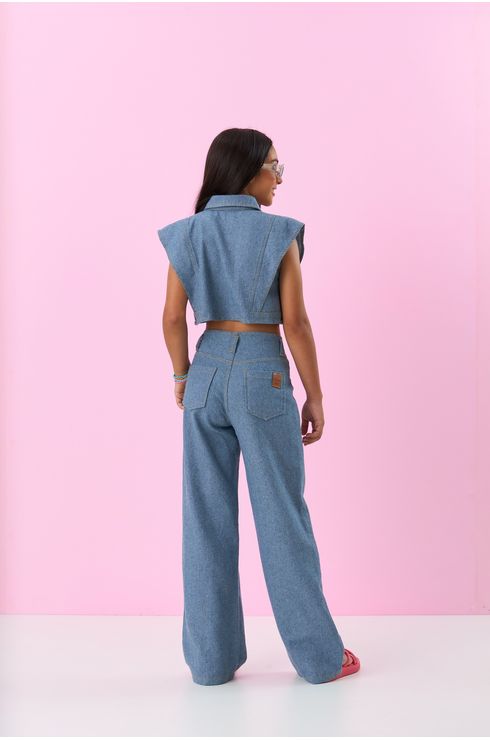 Calça Wide Leg Sem Cós Cintura Alta Com Pala Frente E Costas