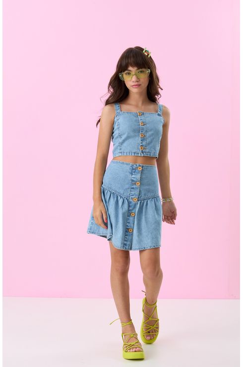 Crooped Jeans Com Alças Reguladoras E Abertura Frente Por Bo