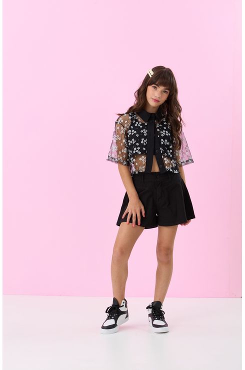 Camisa Cropped Em Tule Estampada