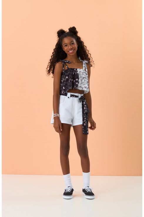 Conjunto Top Estampado E Shorts Liso Com Cinto