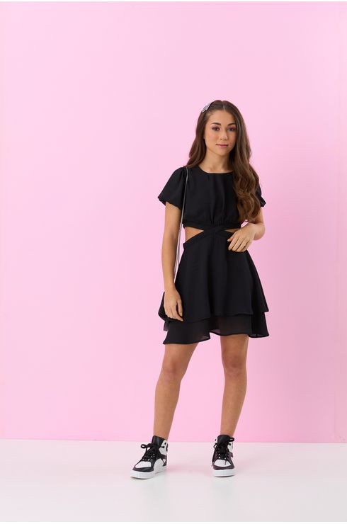Vestido Liso Com Recorte Na Cintura E Manga Balone