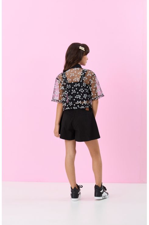 Camisa Cropped Em Tule Estampada