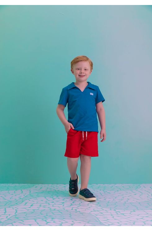 Camiseta Polo Com Decote V Em Piquet Denim