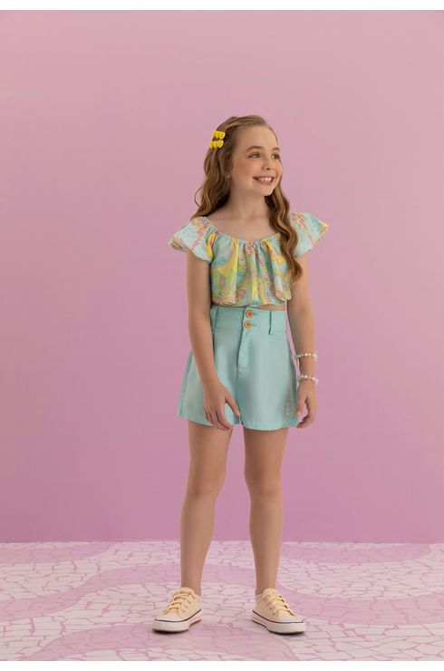Blusa Crooped Em Tricoline Estampado Com Babados