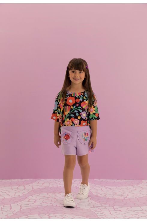 Conjunto Blusa Estampada Com Túnel  E Shorts Com Bolsos