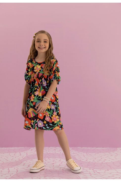 Vestido Estampado Amplo Com Manga Franzida