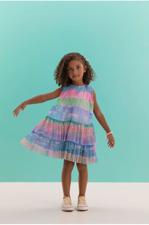 Vestido Em Tule Estampado Com Dois Babados