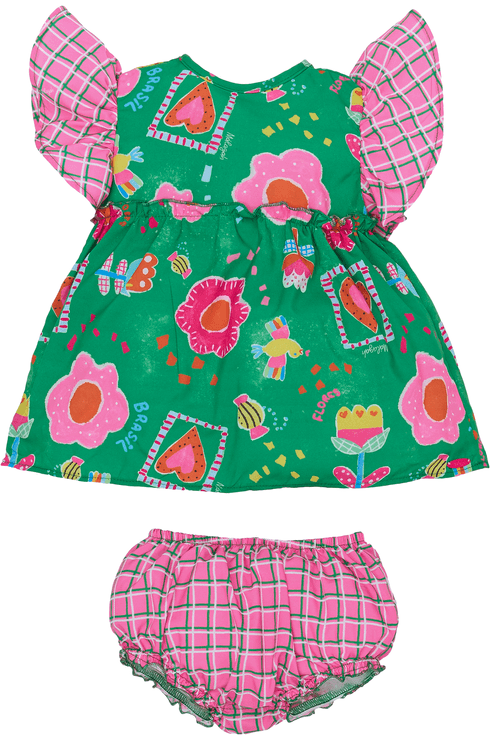 Vestido Estampado Com Babado Nas Mangas