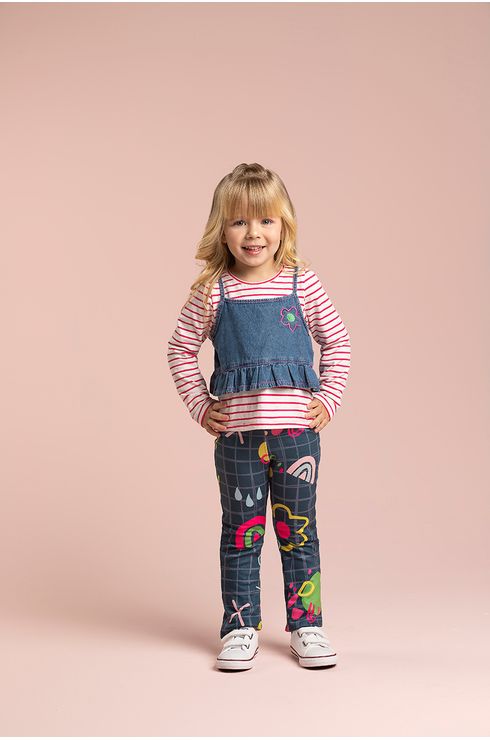 Conjunto Manga Longa Blusa C/ Sobreposição E Calça Estampado