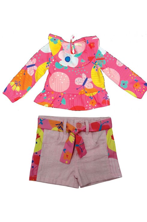 Conjunto Manga Longa Blusa E Short C/ Faixa Estampada
