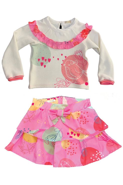Conjunto Manga Longa Blusa E Saia Estampada