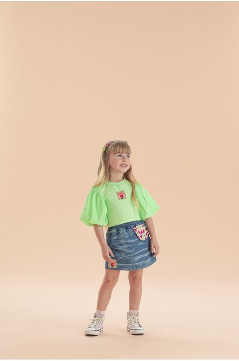 Short Saia Jeans Com Bolsinha Estampada