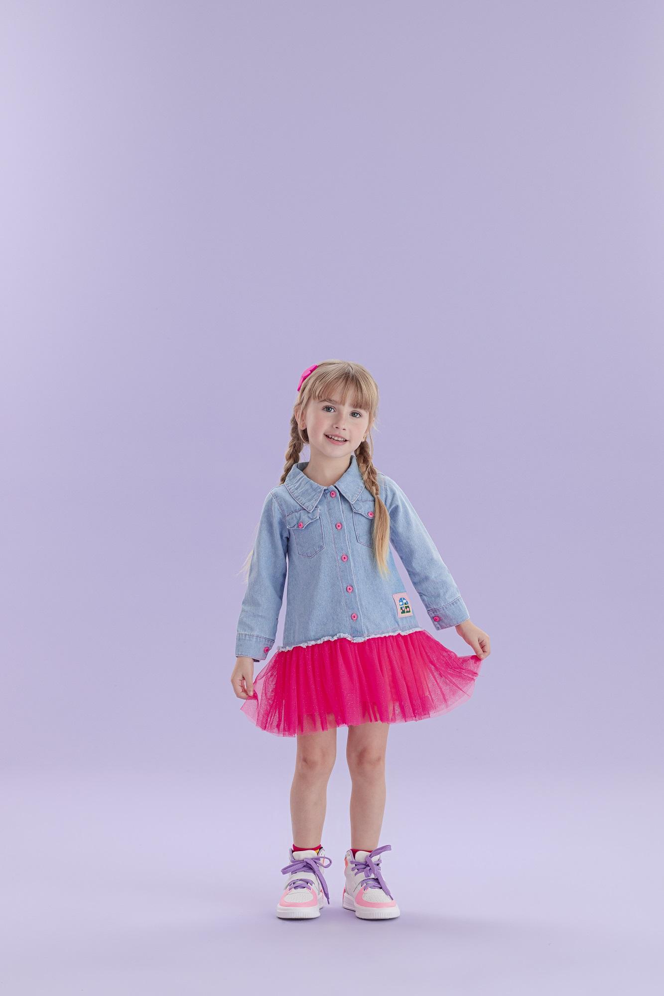 Vestido-Manga-Longa-Jeans-Chemisier-Com-Saia-De-Tule