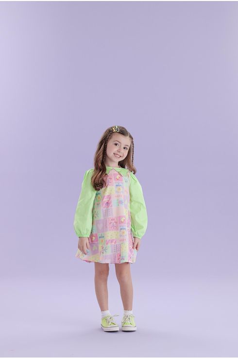 Vestido Manga Longa Com Gola Boneca E Mangas Franzidas