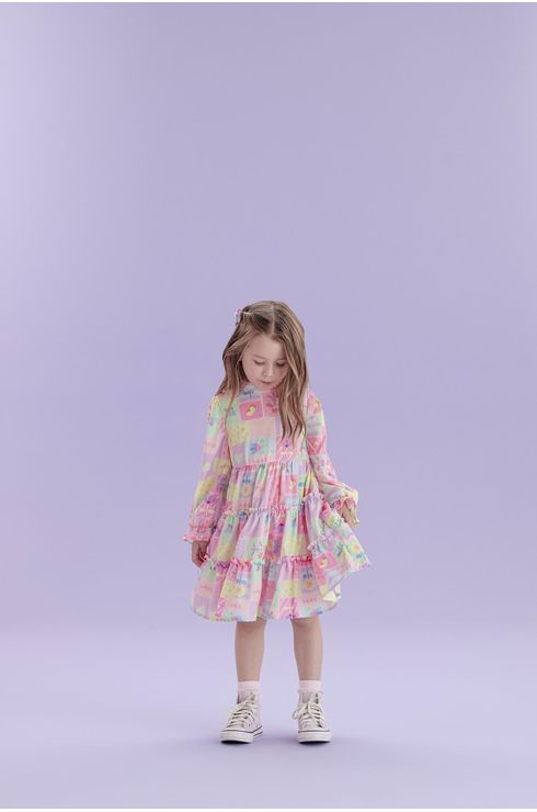 Vestido Manga Longa Estampado Com Babados Em Camadas