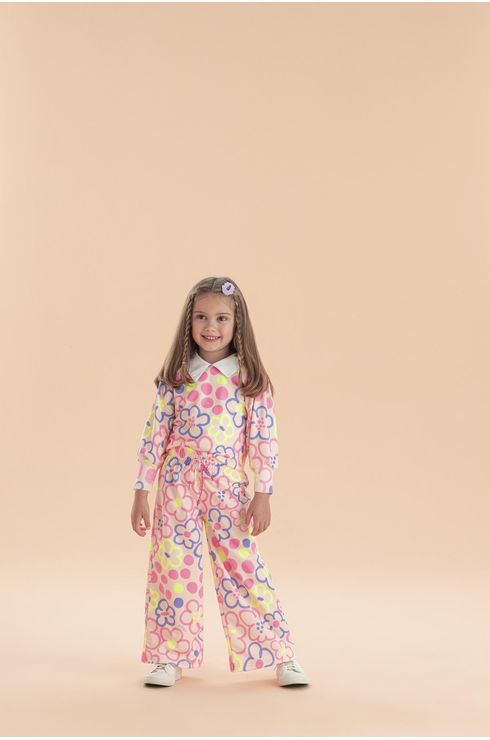 Conjunto Manga Longa Calça Wide Leg E Blusa Com Gola