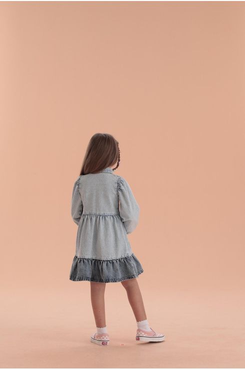 Vestido Manga Longa Jeans Com Botões