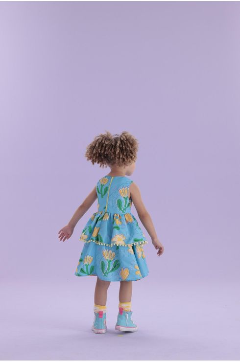 Vestido Festa Estampado Com Pompom