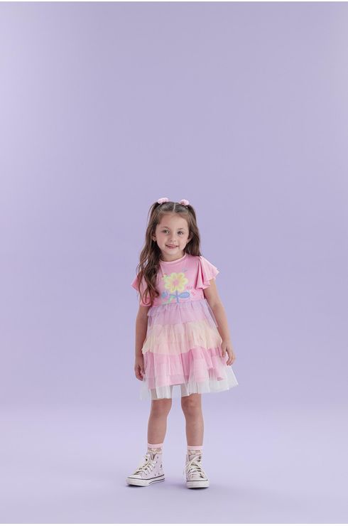 Vestido Manga Curta Com Mangas Fluidas E Babados Em Tule