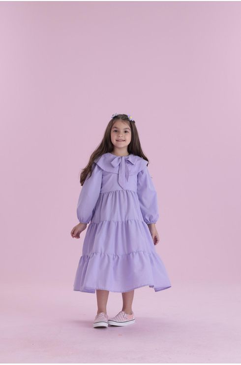 Vestido Manga Longa Com Gola Boneca E Laço