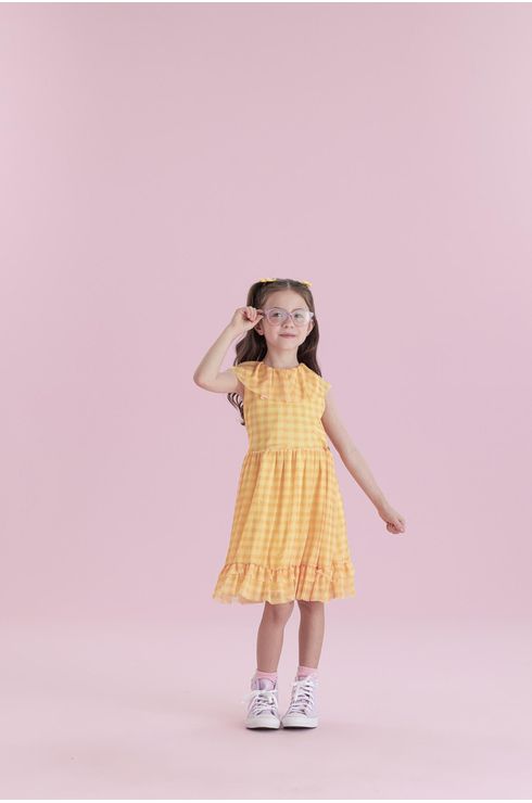 Vestido Manga Curta Em Tule Com Babado No Decote