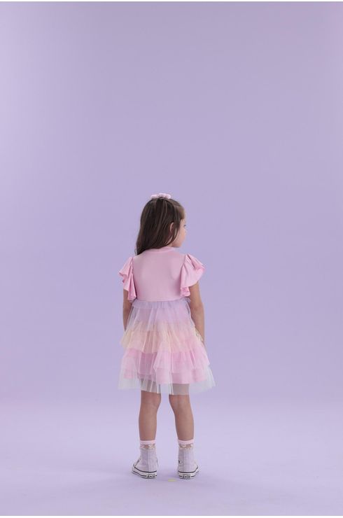Vestido Manga Curta Com Mangas Fluidas E Babados Em Tule