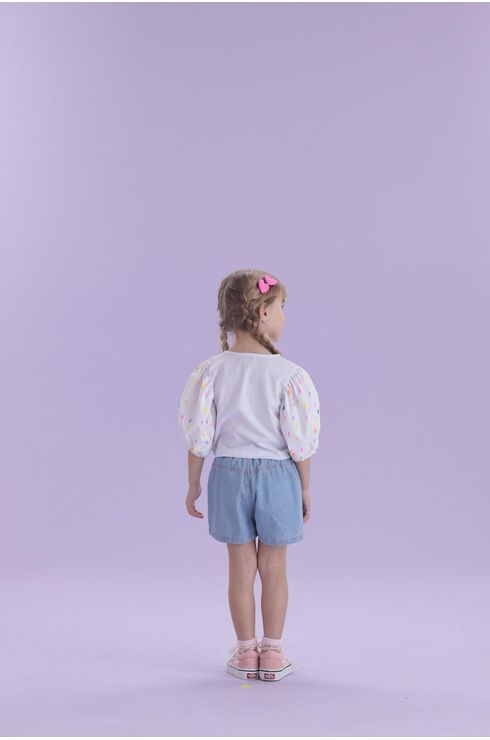 Short Jeans Cós Com Elástico E Detalhes Em Rosa Neon