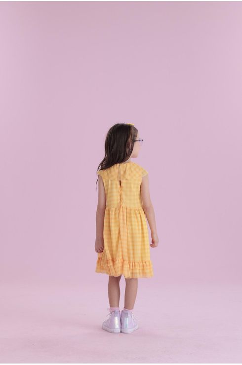 Vestido Manga Curta Em Tule Com Babado No Decote