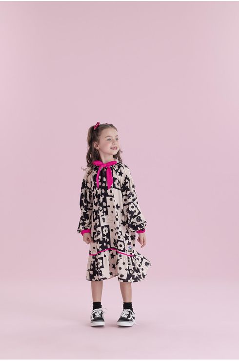 Vestido Manga Longa Em Viscose Com Amarração No Decote