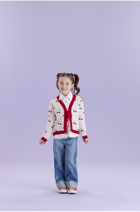 Cardigan Cereja Com Laço Frontal Em Tricô