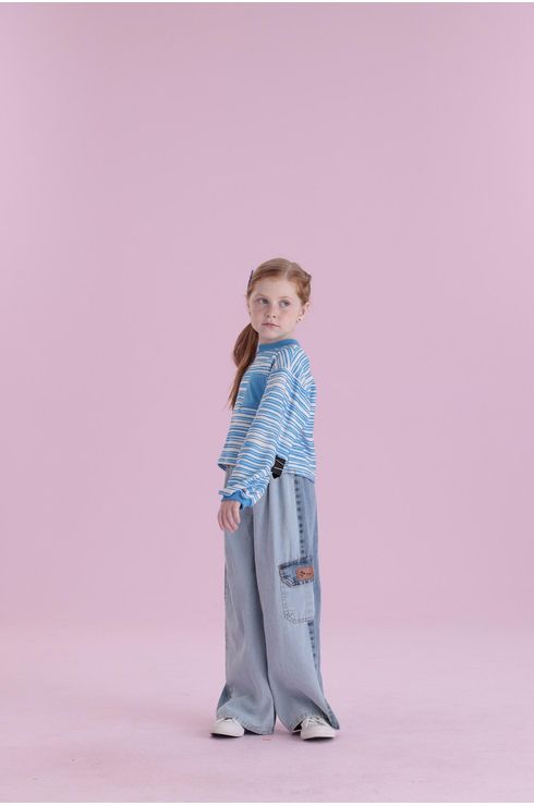 Calça Jeans Com Recorte Duas Cores E Bolso Cargo
