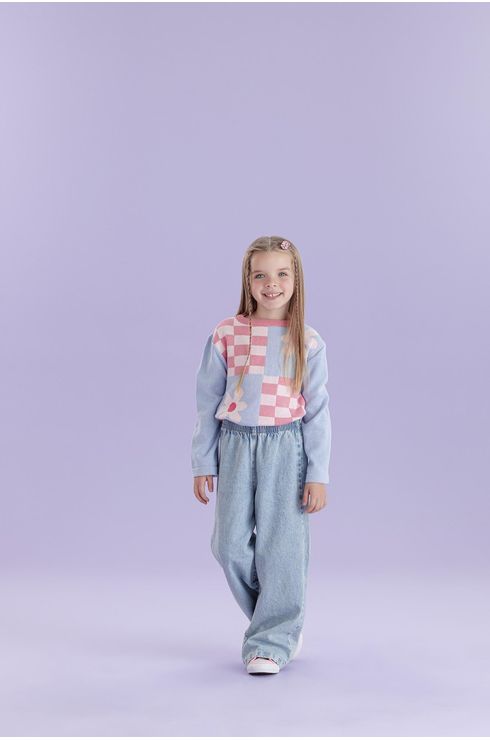 Blusa Manga Longa Em Trico Com Flores E Manga Ampla