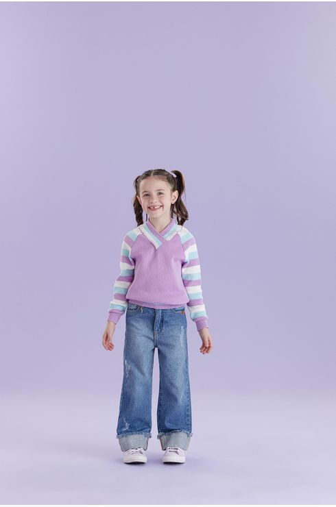 Blusa Manga Longa Listrada Com Gola V Em Tricô