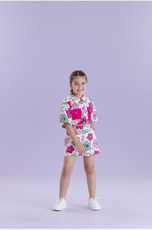 Conjunto Manga Curta Short Com Cós De Elástico E Blusa Com Gola