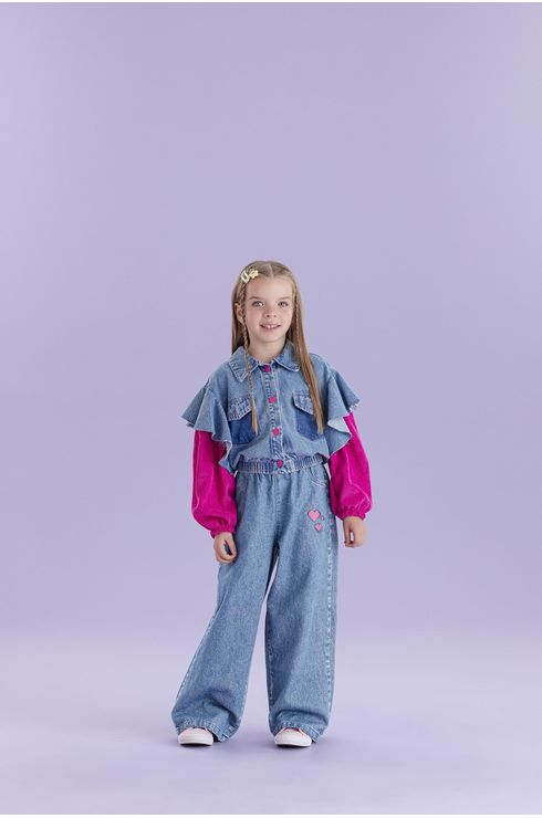 Calça Jeans Wide Leg Com Detalhe Coração