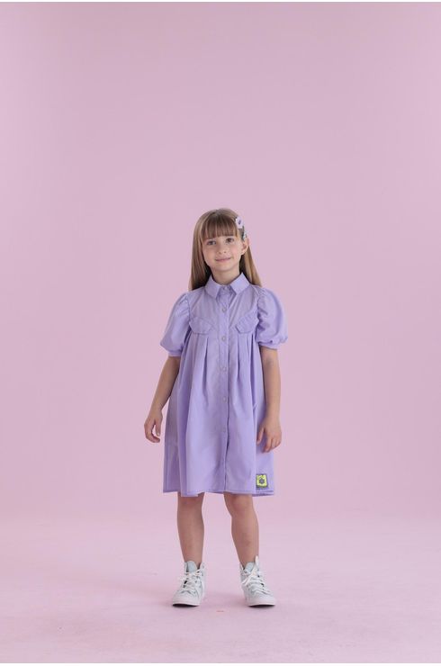 Vestido Manga Curta Com Pregas Com Gola E Botões