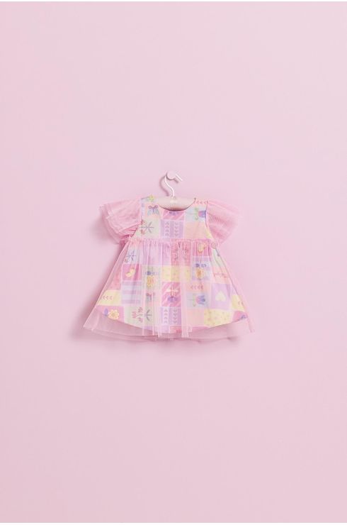 Vestido Estampado Com Mangas Em Tule