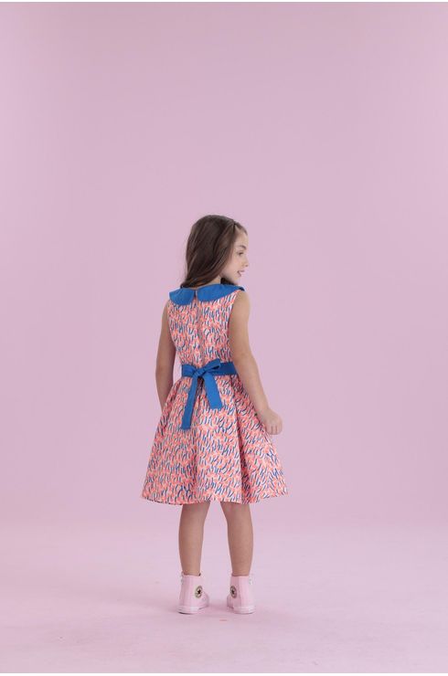 Vestido Festa Estampado Com Gola Bebê E Cinto Amarração