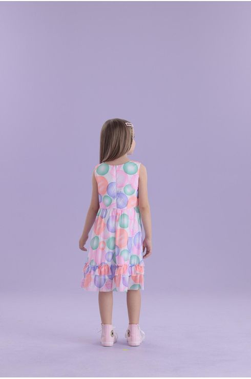Vestido Manga Curta Em Tule Com Babado Na Saia