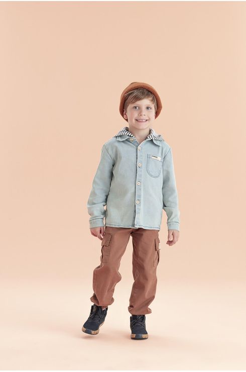Camisa Jeans Com Gorro Listrado