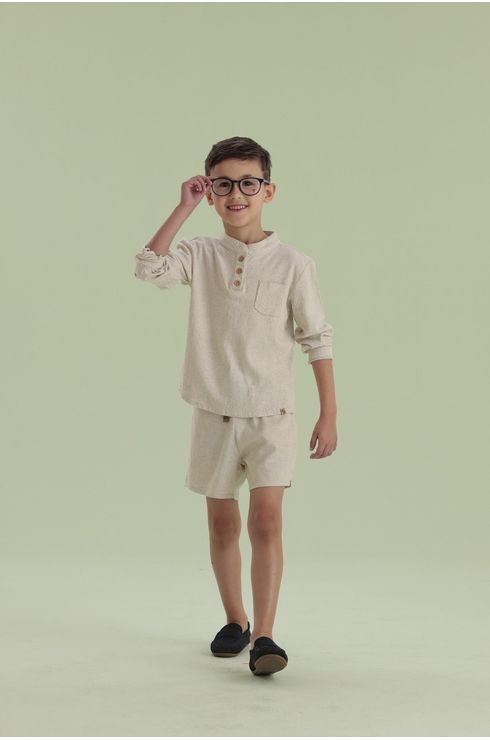Camisa Manga Longa Em Linho Com Gola Padre E Bolso