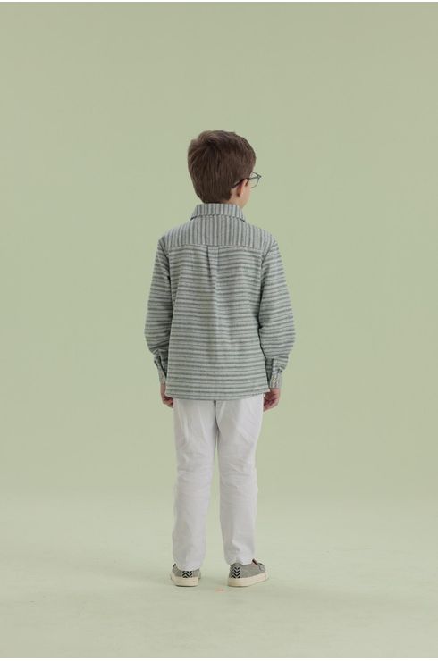 Camisa Manga Longa Em Linho Listrada Com Bordado