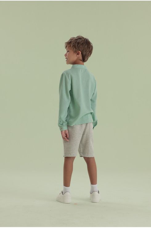 Camisa Manga Longa Em Linho Com Gola Padre E Bolsinho
